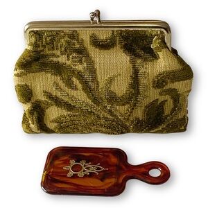 Antique Velvet Green Damask Floral Clutch and Celluloid Tortoise-shell Mirror